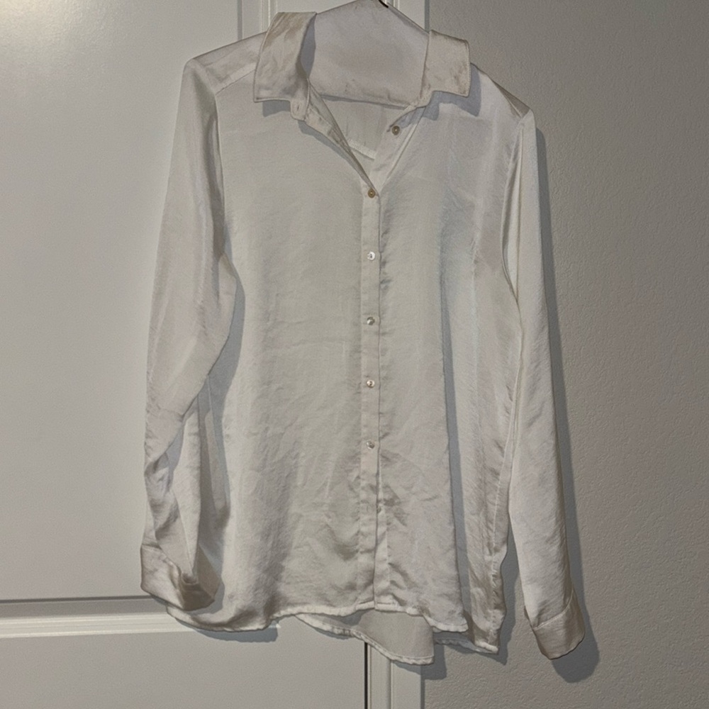 Long sleeve satin white blouse button down